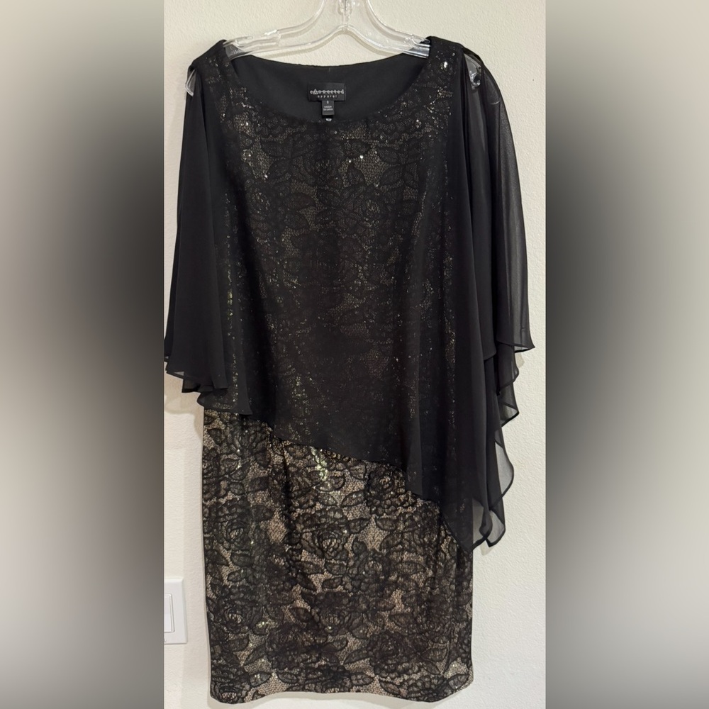 Black Sleeveless Gold Sequin Dress with Chiffon Overlay Size 8